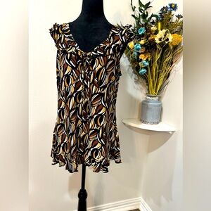Susan Lawrence Black and Brown Ruffled Blouse sleeveless size XL made in USA